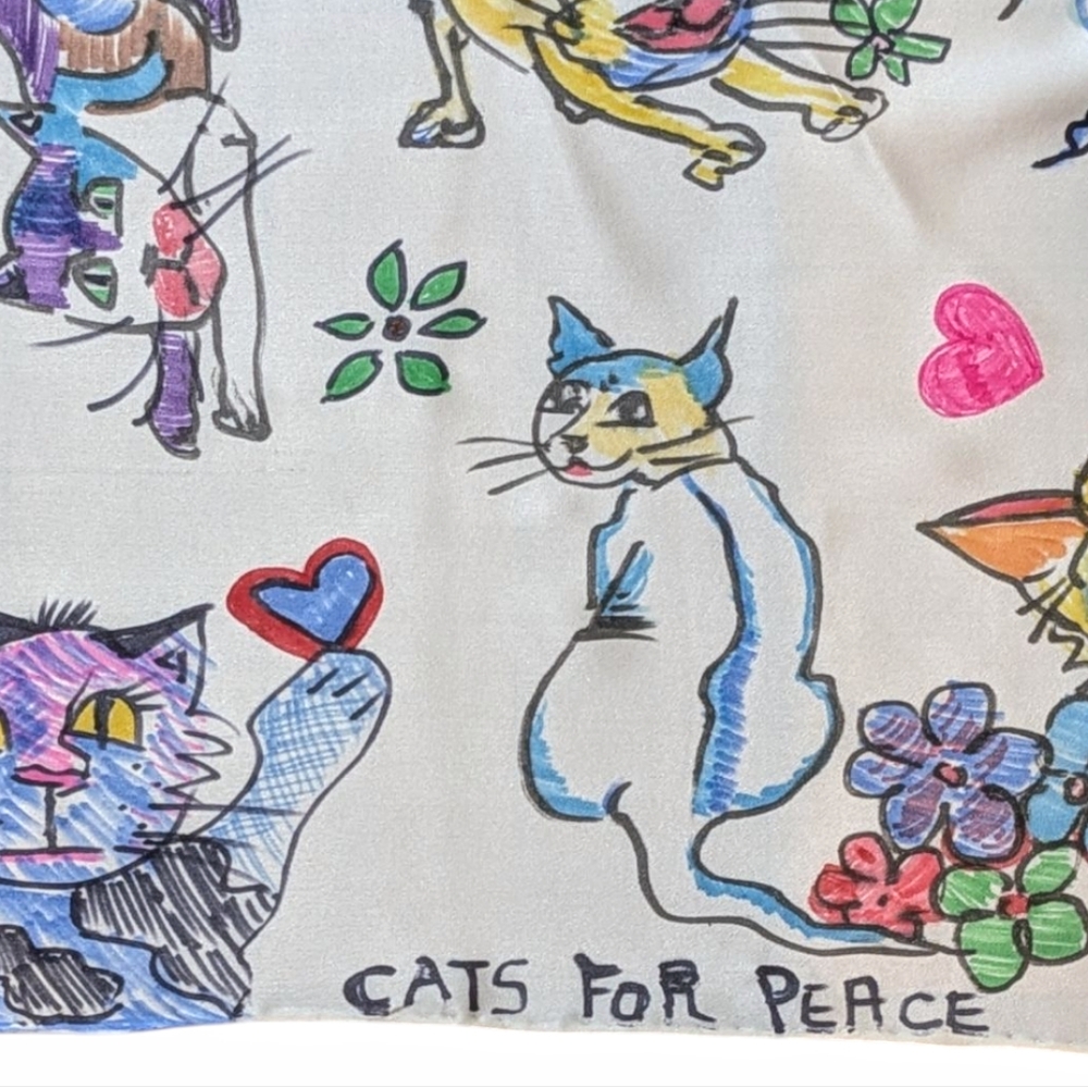 Handpainted Signed Satin/Silk Scarf: CATS FOR PEACE Spring, Resort Wear